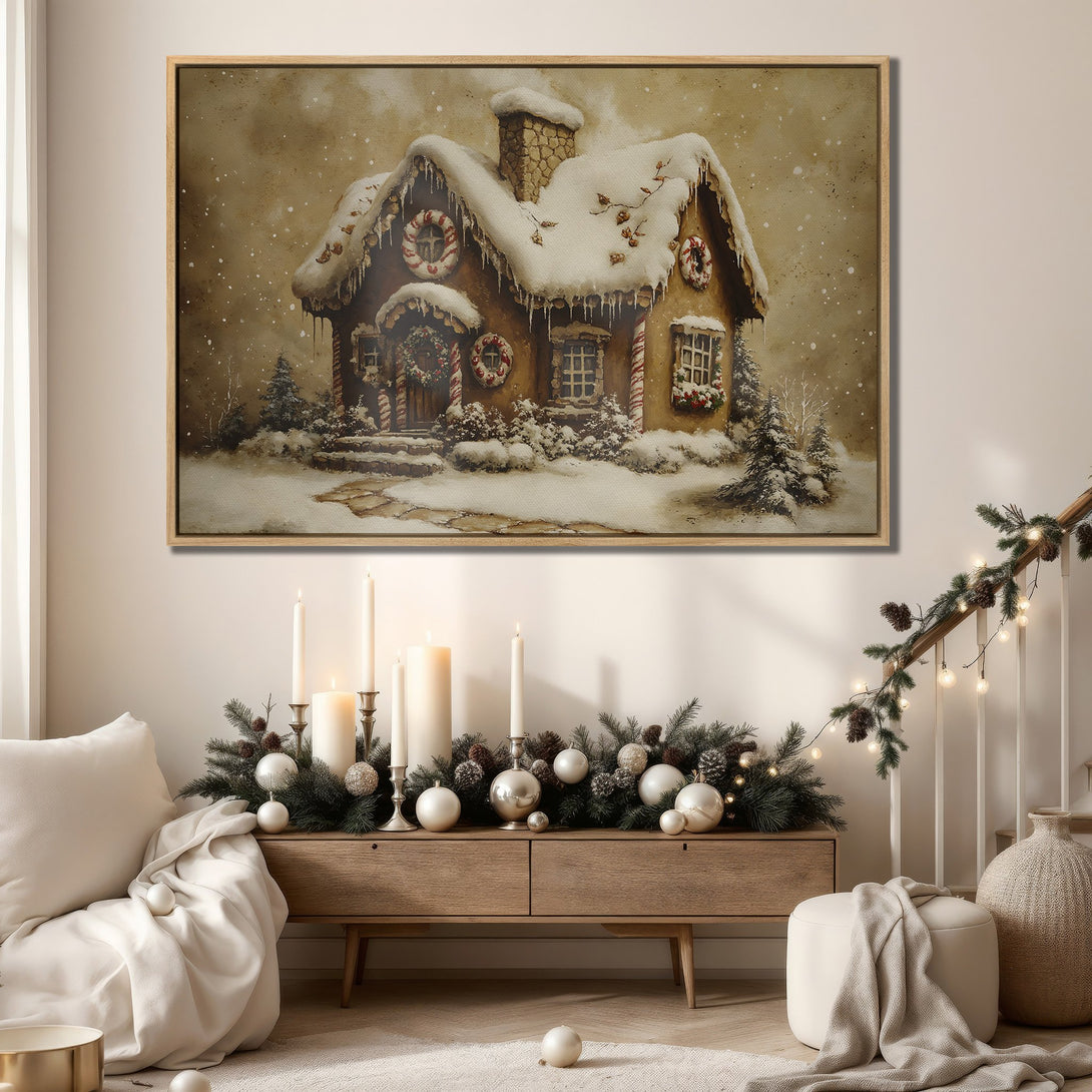 Framed Wall Art: Cozy winter cottage scene in warm neutral tones. Perfect holiday decor! Add charm to your home with this beautiful Canvas Print.