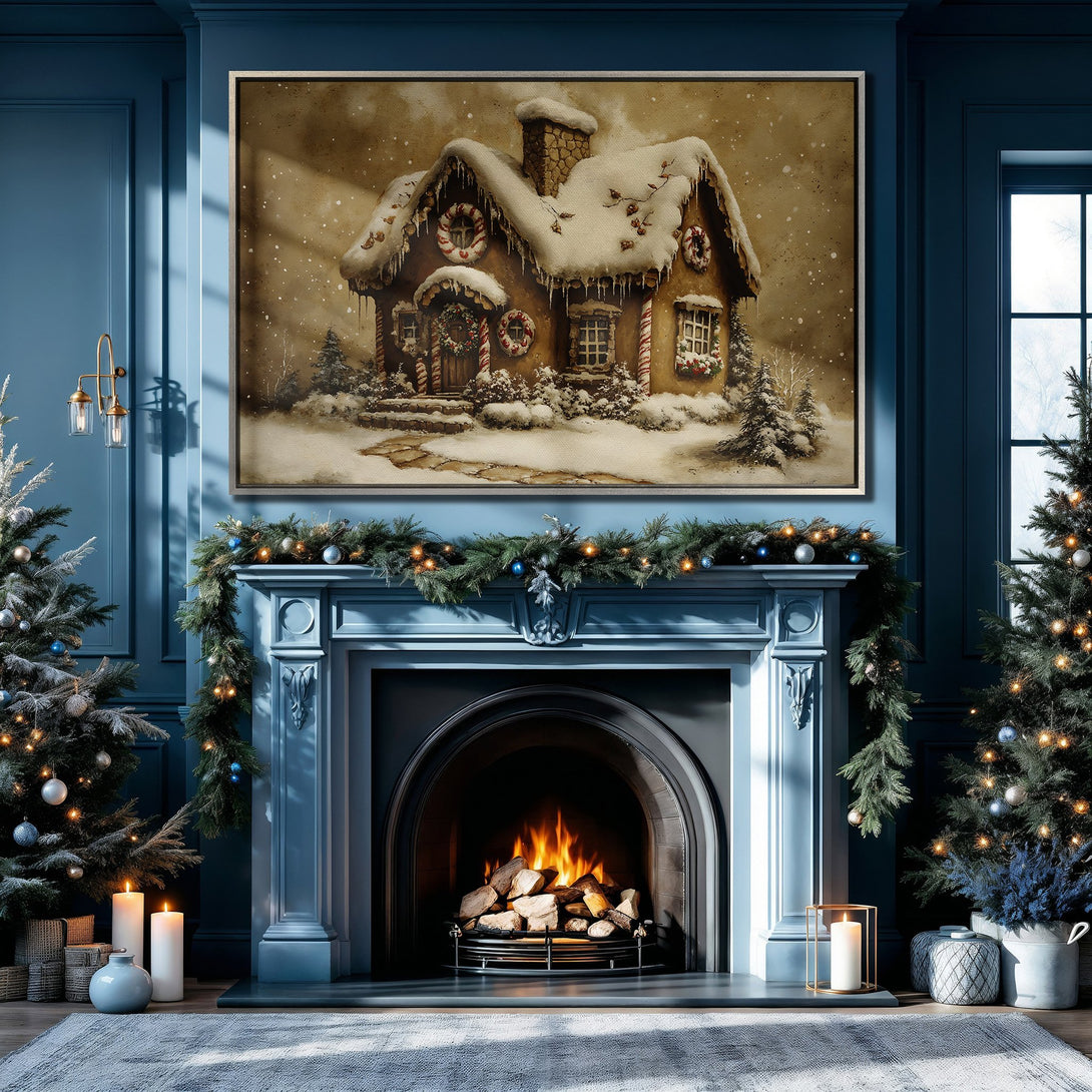 Framed Wall Art: Cozy winter cottage print in warm tones. Perfect for holiday decor, displayed above a fireplace in a room with a blue color scheme.
