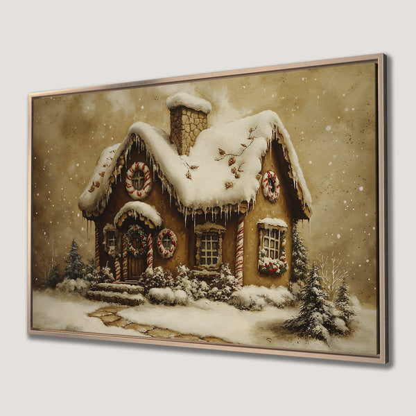 Framed Wall Art of a cozy gingerbread house in a winter scene. Warm, inviting color palette. Perfect holiday decor.