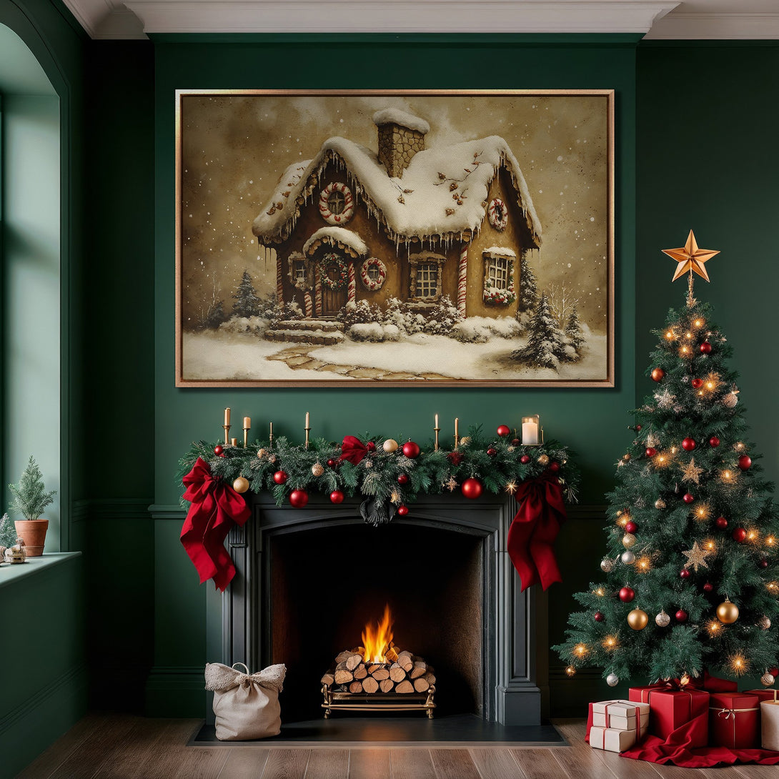 Framed Wall Art: Cozy Christmas scene with a gingerbread house print in a warm, inviting interior. Featuring a festive color palette of greens, reds, and golds.