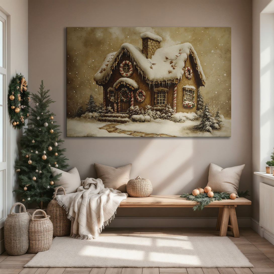 Framed Wall Art: Cozy winter gingerbread house canvas print, warm neutral tones. Perfect holiday decor for a welcoming living room.