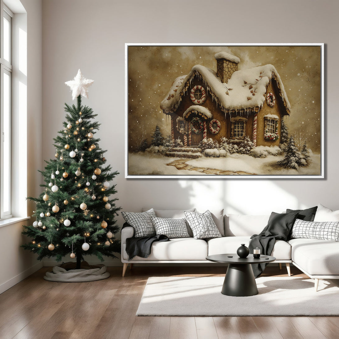 Framed Wall Art: Cozy Christmas gingerbread house canvas print in warm, neutral tones. Perfect holiday decor for a welcoming home.