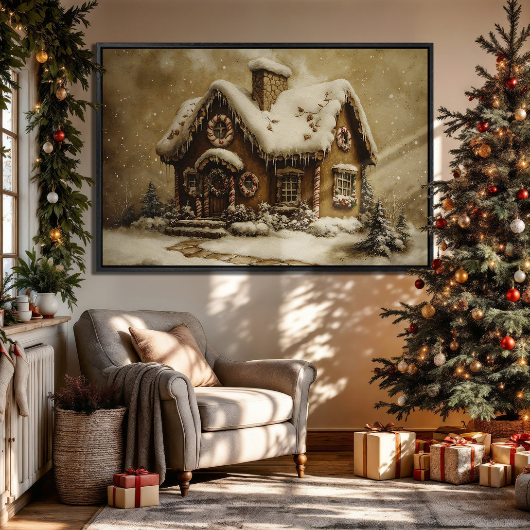 Framed Wall Art: Cozy winter cottage scene in warm, neutral tones. Perfect for holiday decor! Add a touch of charm with this beautiful canvas print.