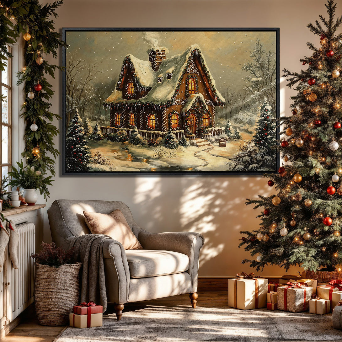 Framed Wall Art: Cozy winter scene of a snow-covered cottage, warm neutral tones. Perfect holiday decor for a festive living room.