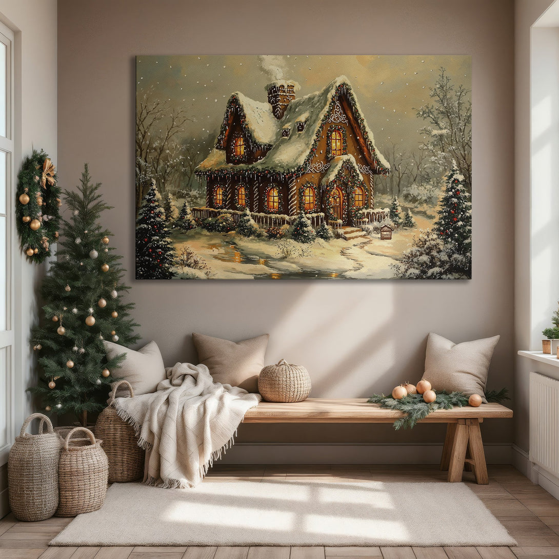 Framed Wall Art: Cozy winter scene Canvas Print of a snow-covered gingerbread house. Warm, inviting colors create a festive, holiday ambiance.