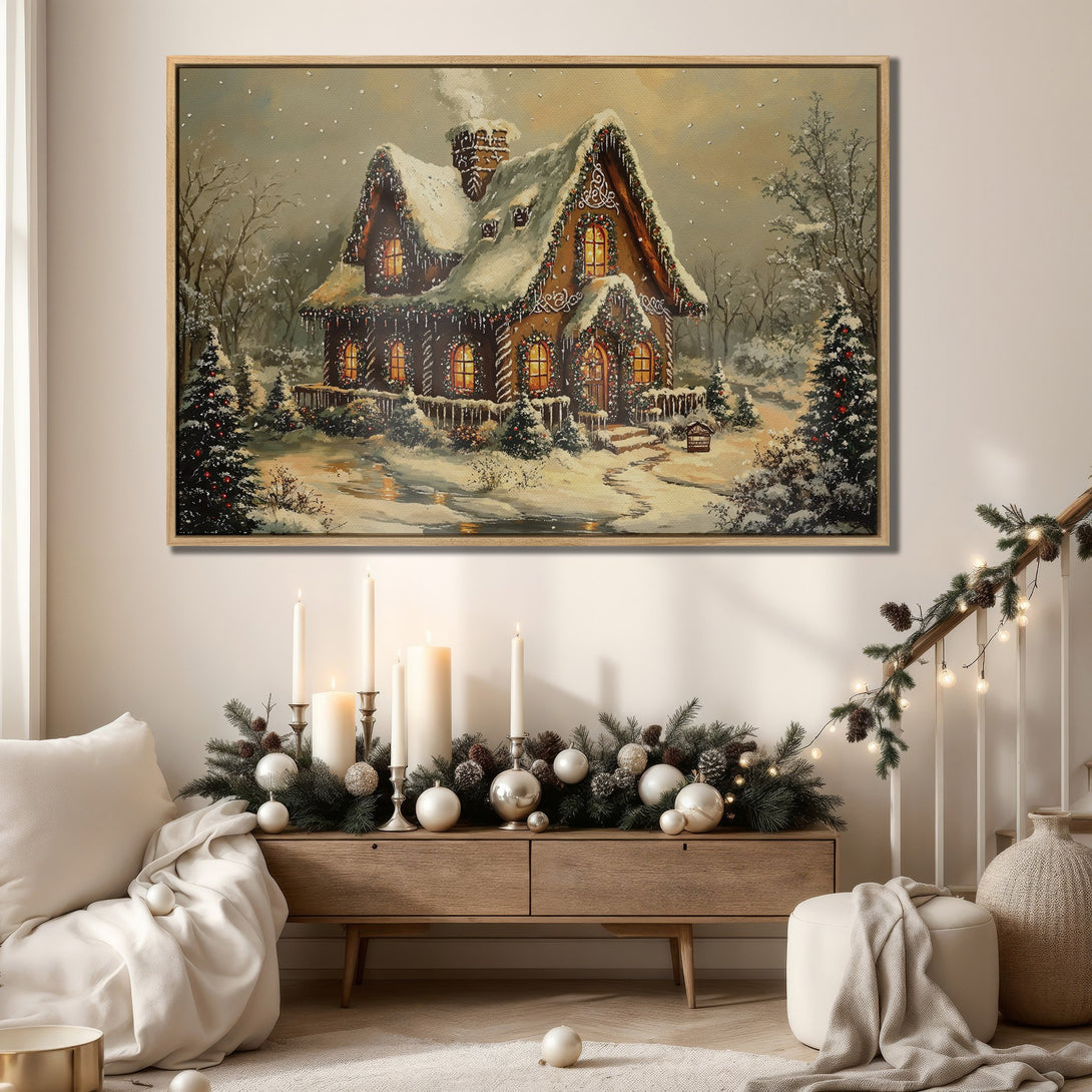 Framed Wall Art featuring a cozy winter scene with a snow-covered gingerbread house. Warm, inviting color palette perfect for holiday decor.