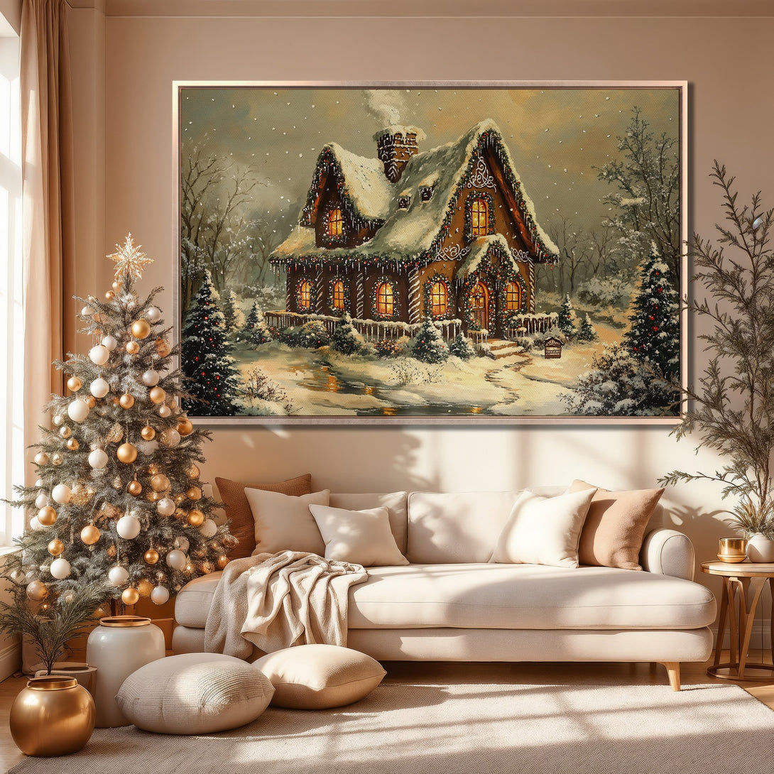 Framed Wall Art: Cozy winter cabin scene in warm, neutral tones. Perfect for holiday decor! Canvas Print adds a touch of elegance to any space.
