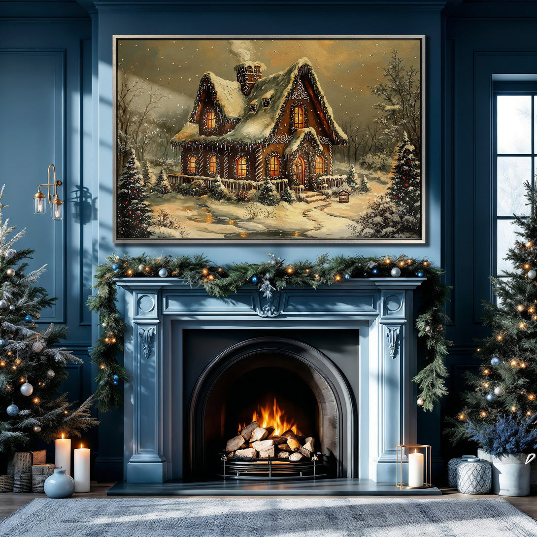 Framed Wall Art: Cozy winter scene Canvas Print with a warm color palette, featuring a snow-covered house. Perfect for holiday decor and adding a touch of charm.