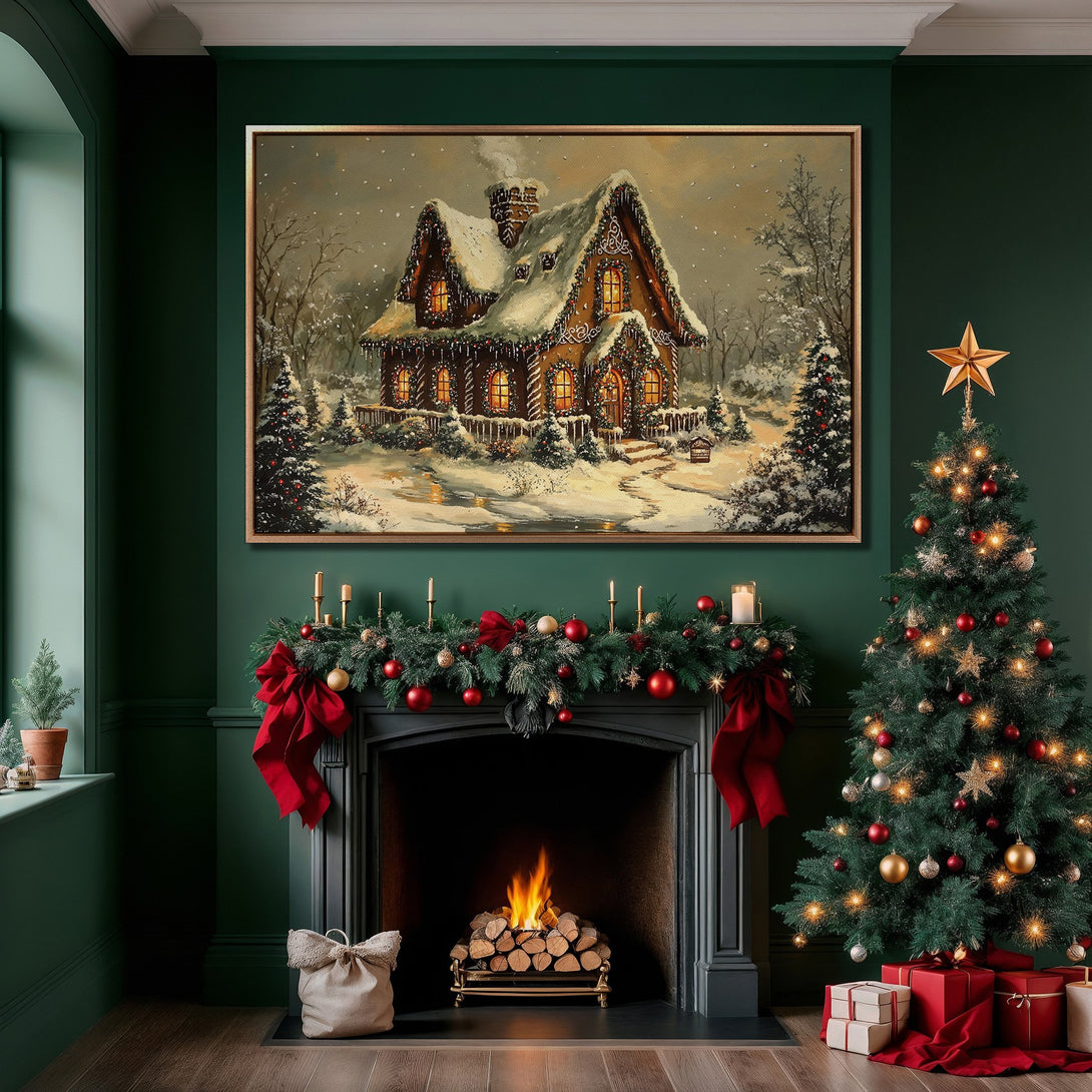 Framed Wall Art: Cozy winter cottage scene in warm earth tones. Perfect for holiday decor! Adds a touch of festive charm to any room with a green color palette.