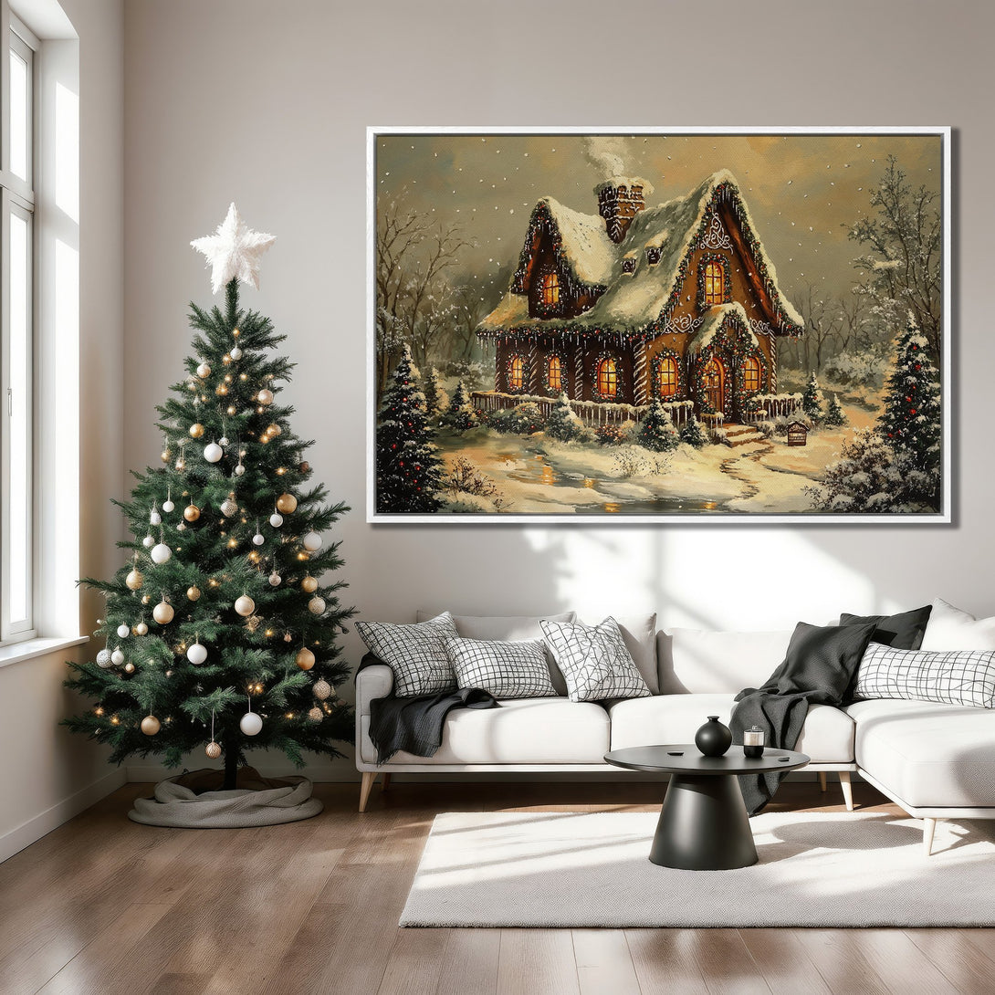 Framed Wall Art: Cozy Christmas scene featuring a snow-covered cottage. Warm color palette with brown, orange, and white tones. Perfect holiday decor!