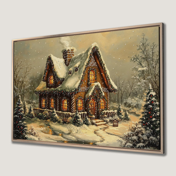 Framed Wall Art of a charming winter scene with a cozy gingerbread house, warm colors, and snowy details. Perfect holiday decor!