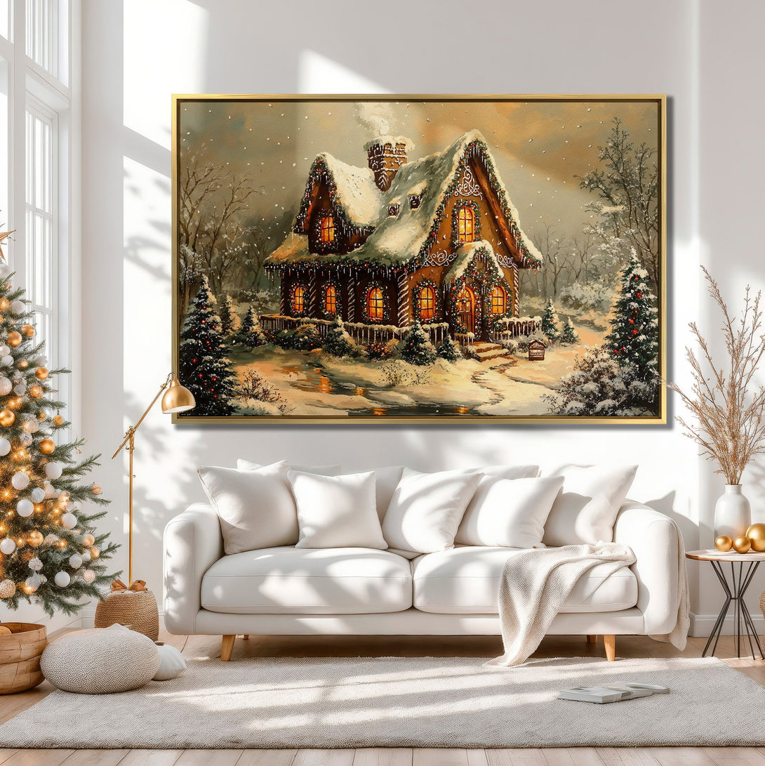 Canvas Print of a cozy winter cottage scene in warm, inviting colors. Perfect holiday decor for your home!