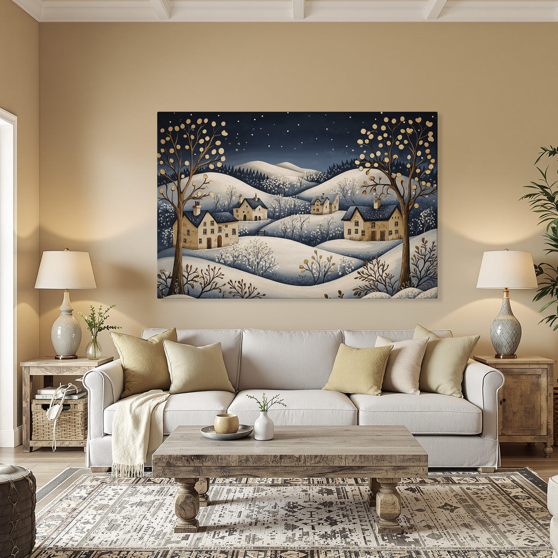 Framed Wall Art: Winter landscape Canvas Print featuring a charming village scene. Blue, white, and gold color palette. Perfect for cozy home decor.