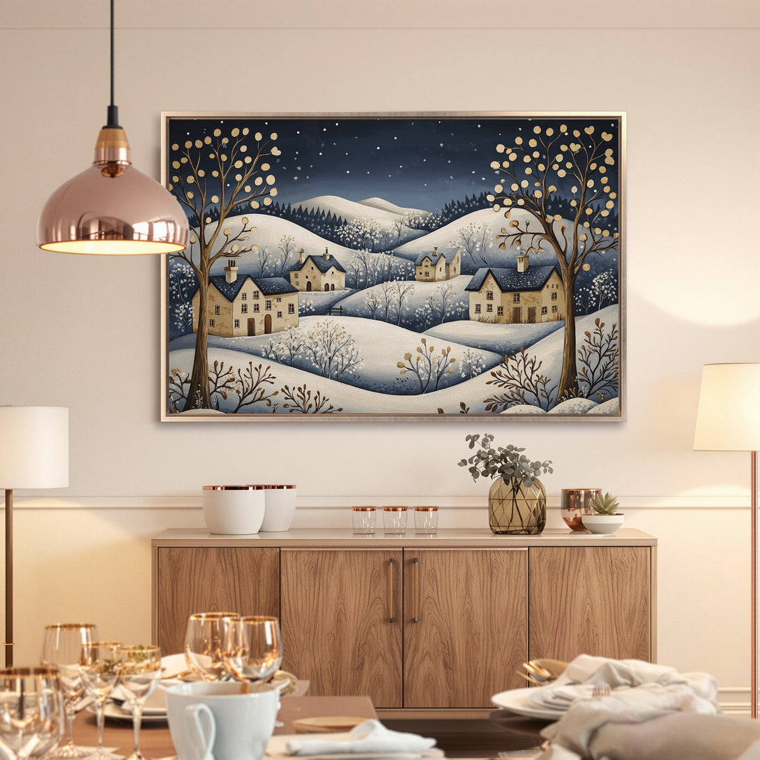 Framed Wall Art: Winter landscape Canvas Print in blue & gold tones. Charming cottage scene perfect for cozy home decor.