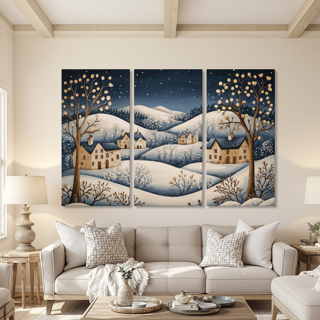 Canvas Print of a winter village scene in watercolor style. Features a blue and gold color palette, perfect for cozy home decor.