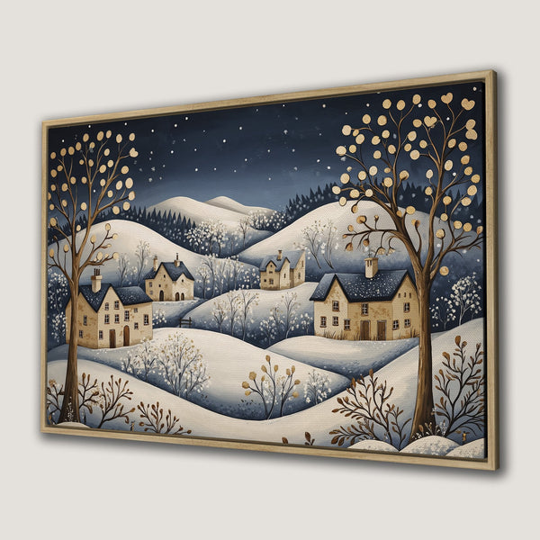 Framed Wall Art featuring a winter village scene in a whimsical style with a blue and gold color palette. Perfect for adding cozy decor to your home.