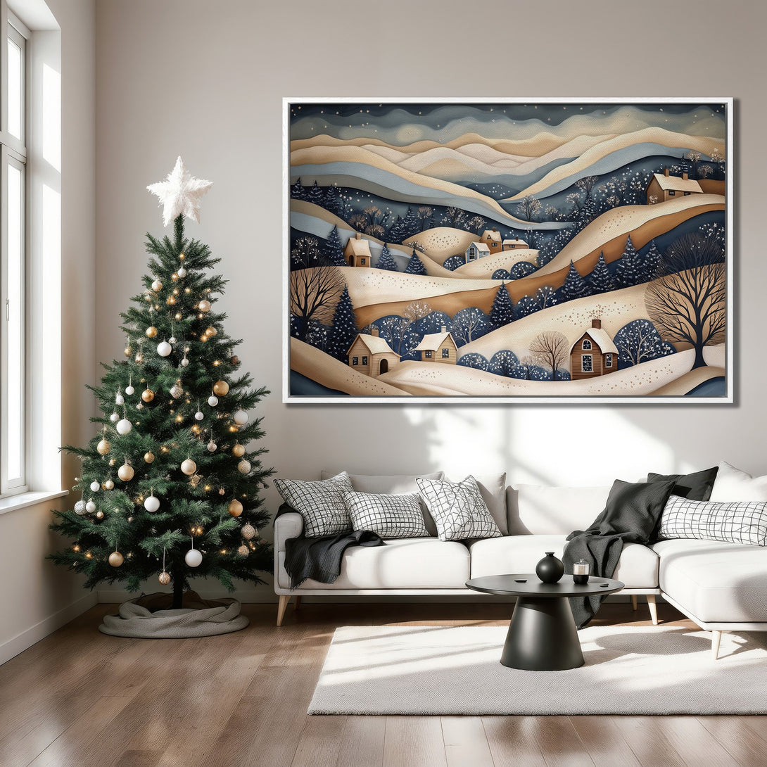 Framed Wall Art: Winter landscape Canvas Print in a cozy living room. Neutral color palette with blue, beige, and brown tones. Perfect for holiday decor!