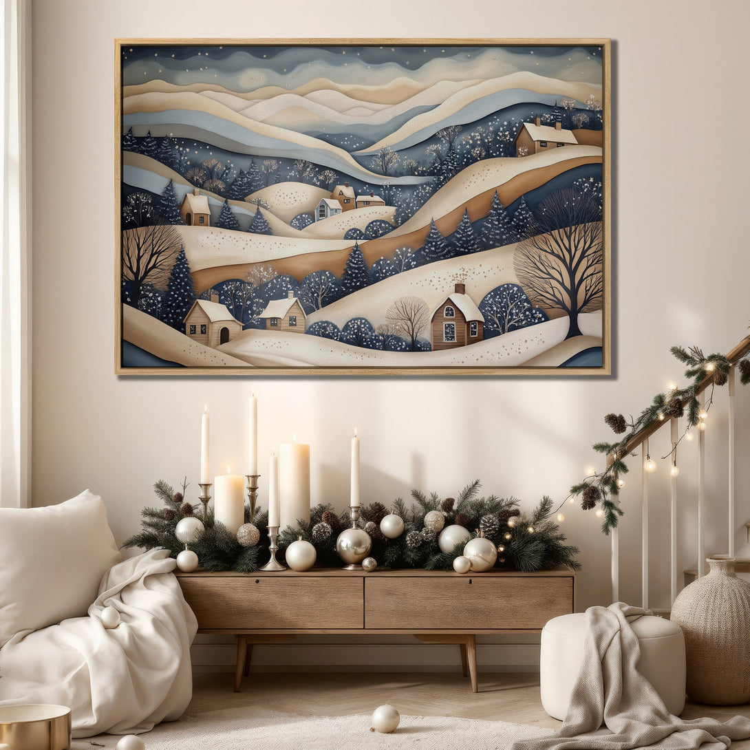 Framed Wall Art: Winter landscape Canvas Print in muted blues, browns, & beige. Cozy art for your home. Perfect for adding a touch of nature.