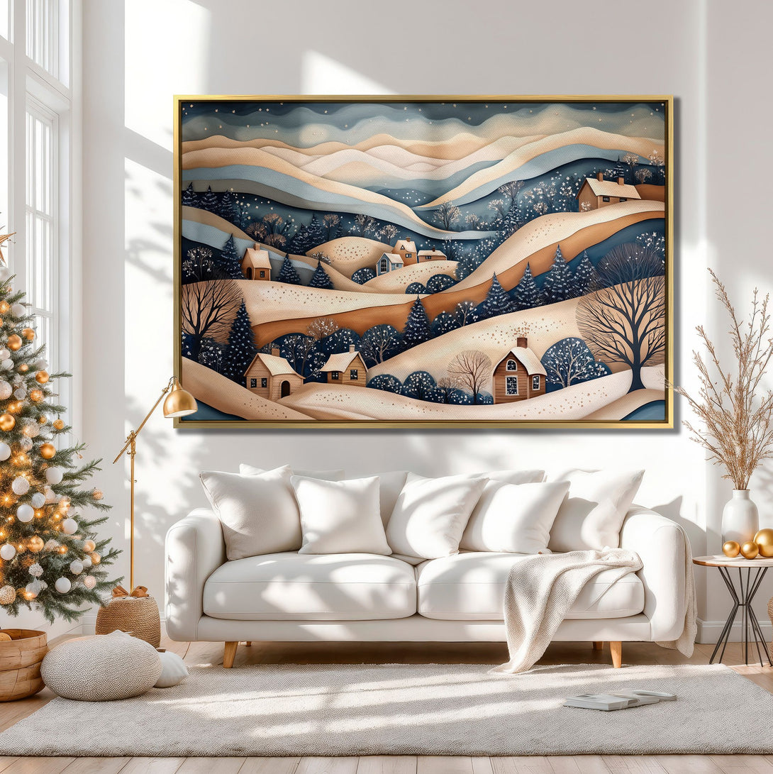 Canvas Print of a winter landscape with cozy cabins, in a paper-cut style. Features a neutral color palette with blues, tans, and whites. Perfect wall art!