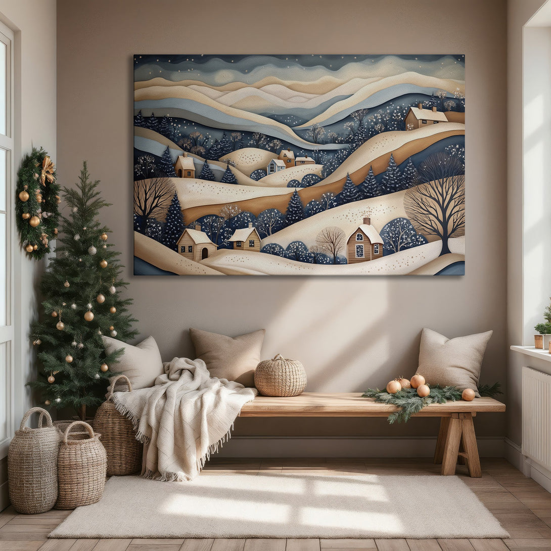 Framed Wall Art: Winter landscape Canvas Print in neutral tones. Cozy art for living room decor. Modern style with blue, brown, and beige palette.