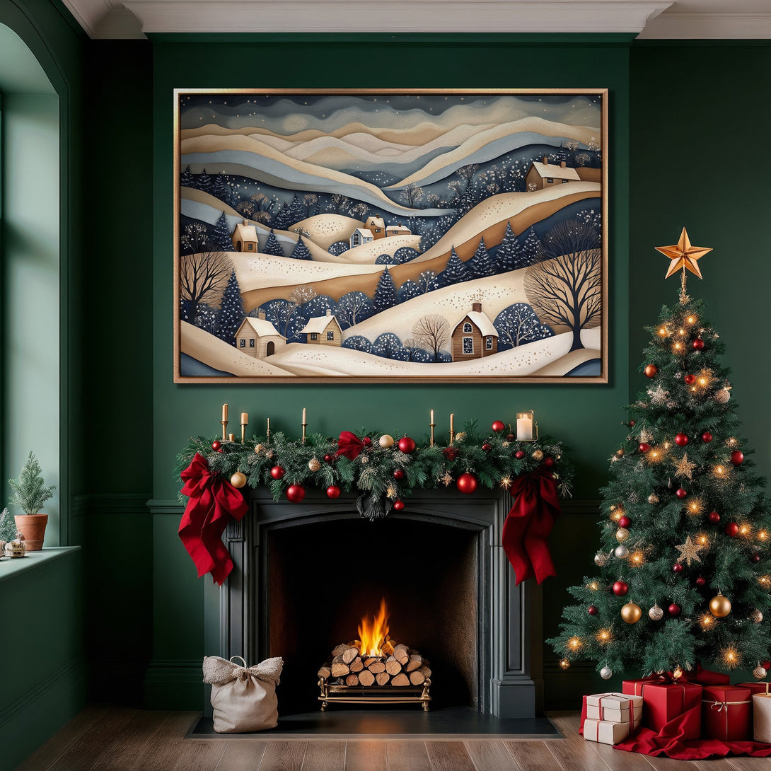 Framed Wall Art: Winter landscape canvas print in a cozy interior, featuring a snowy village scene with a blue, beige, and brown color palette. Perfect for holiday decor!
