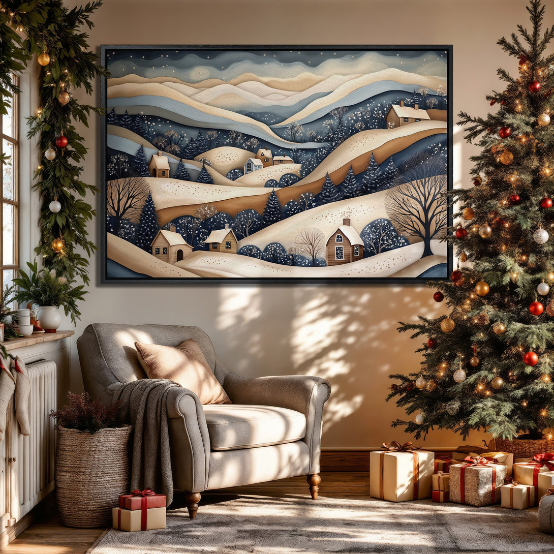 Framed Wall Art of a winter landscape with a cabin, in neutral and blue tones. Perfect for cozy home decor!