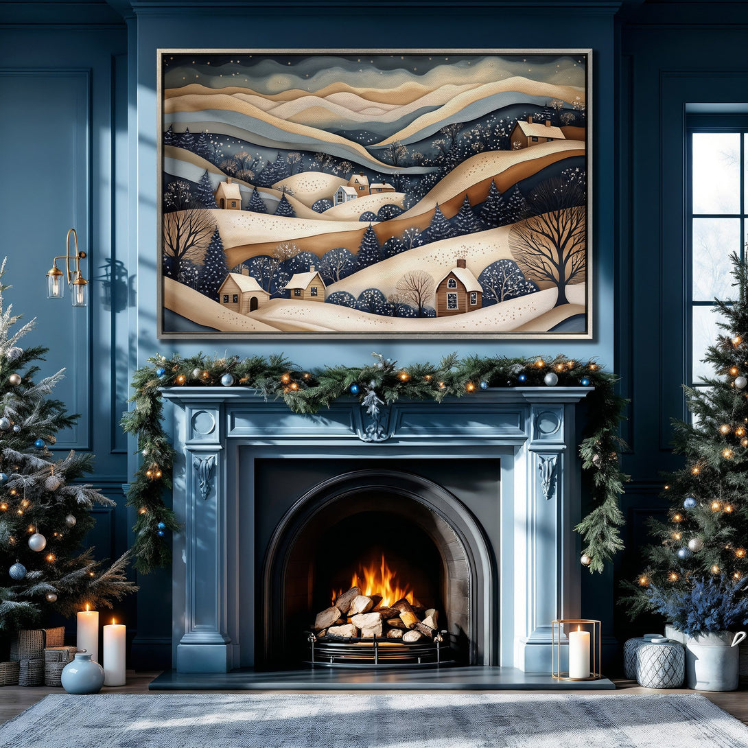 Framed Wall Art of a winter landscape in muted blues and browns, perfect for cozy home decor. Enhance your space with this beautiful Canvas Print!