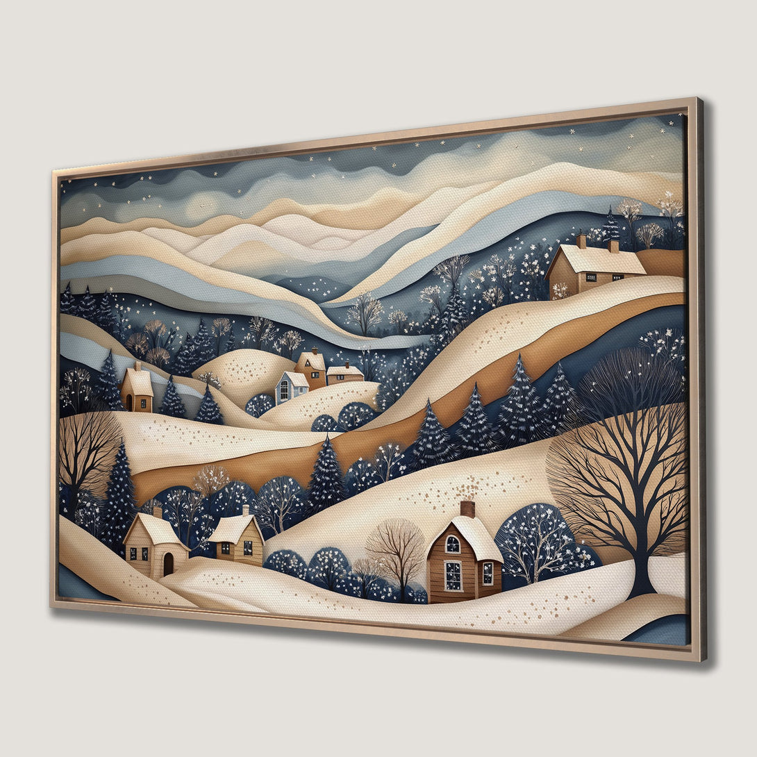 Framed Wall Art: Winter landscape Canvas Print featuring a cozy village scene in a layered paper art style, with a muted blue and brown color palette.