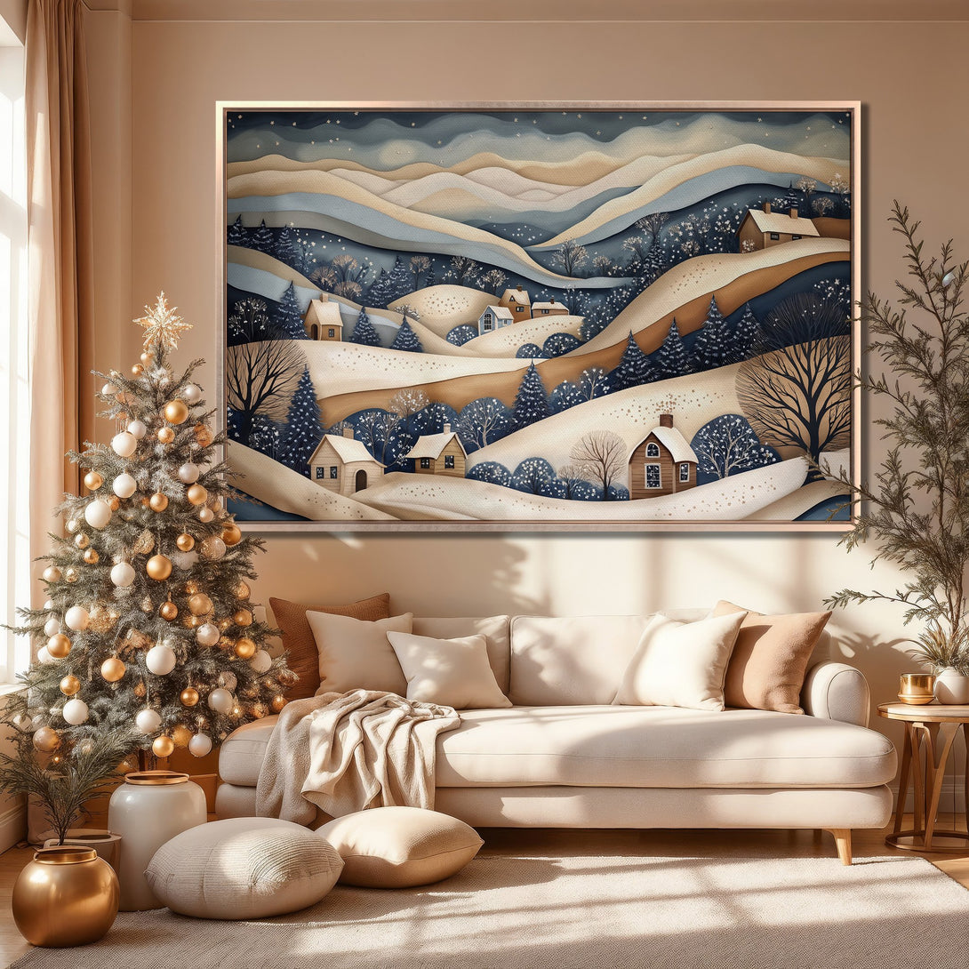 Framed Wall Art: Winter landscape Canvas Print with a cozy, neutral color palette. Perfect for adding warmth and style to your home decor.