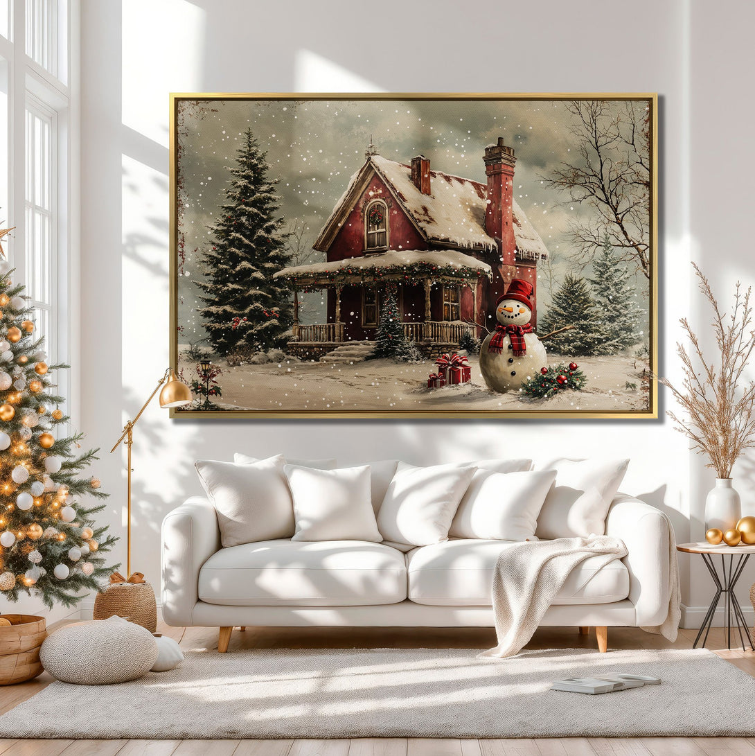 Canvas Print of a cozy winter scene with a red house and snowman, neutral color palette, perfect for holiday decor.