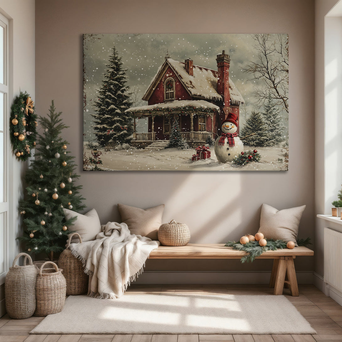 Framed Wall Art: Cozy winter scene with a red house and snowman. Warm, inviting colors for holiday decor. Perfect Canvas Print for your home.