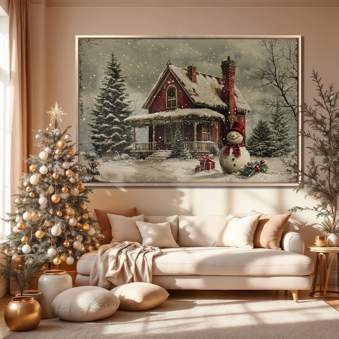 Framed Wall Art: Cozy Christmas scene with a red house, snowman, and snowy landscape. Warm, neutral color palette. Perfect holiday decor.