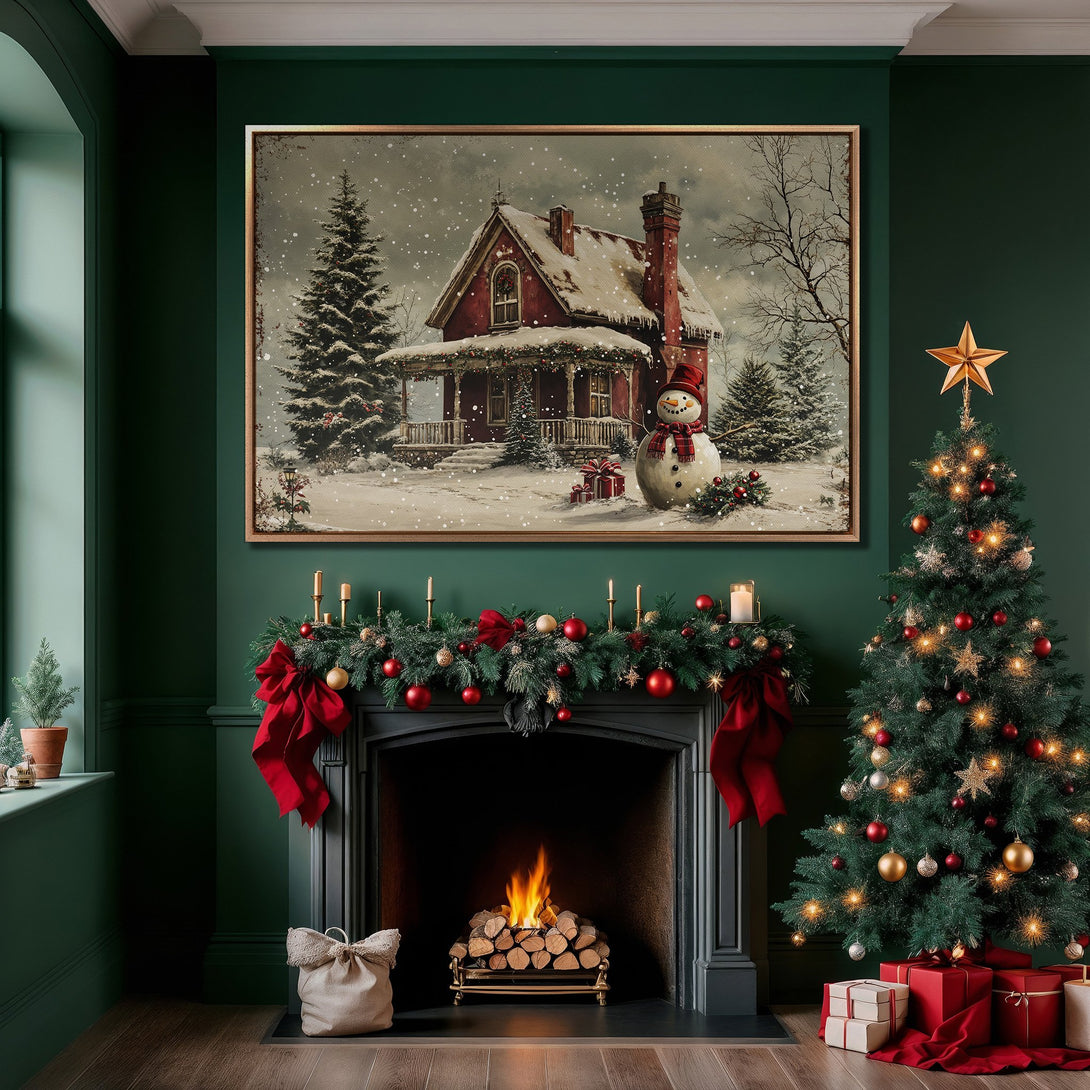 Framed Wall Art: Cozy winter scene with a red house and snowman. Warm, inviting colors in a festive interior. Perfect holiday decor!