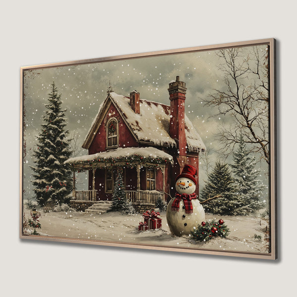 Framed Wall Art: Cozy Christmas scene with a red house, snowman, and snow. Vintage style, warm red and neutral tones. Bring holiday cheer home!