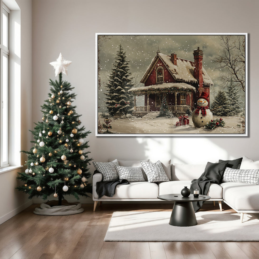 Framed Wall Art: Winter scene Canvas Print with red house, snowman, and snowy landscape. Warm, inviting colors perfect for holiday decor.