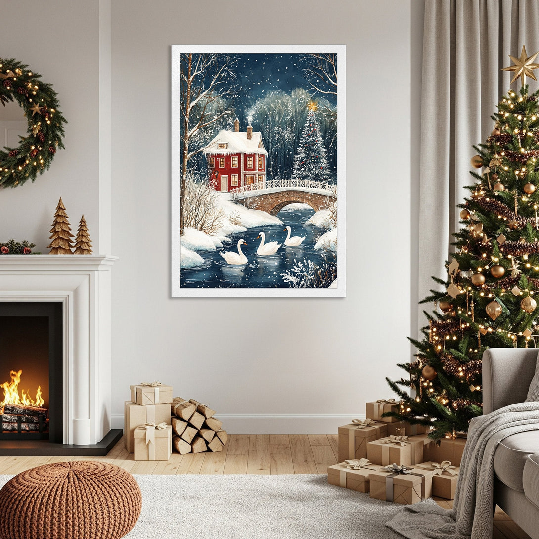 Framed Poster of a winter scene with a red house, swans, and bridge. Watercolor style, cool blue and white palette. Perfect holiday decor.