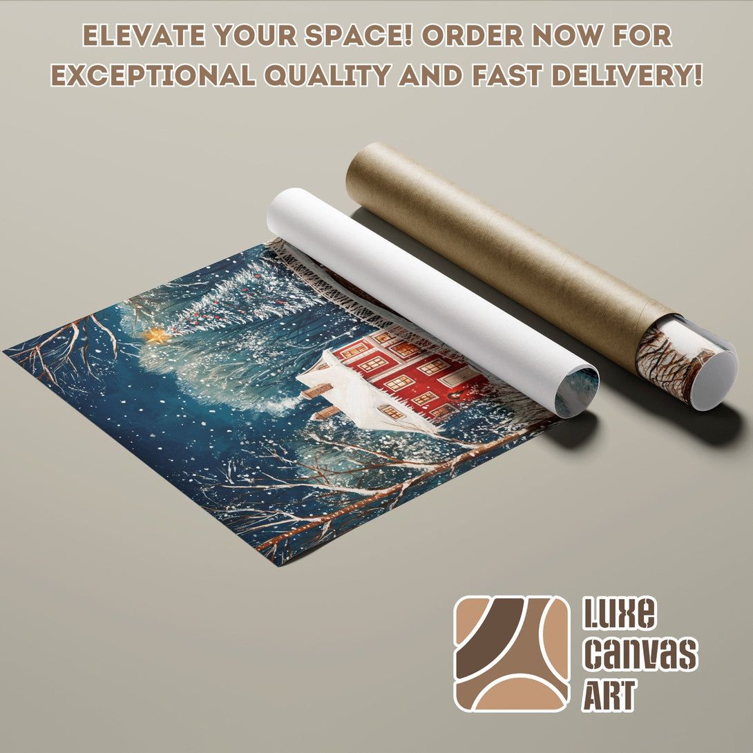 Poster Roll of winter scene art, dark blue and red palette, perfect for home decor.