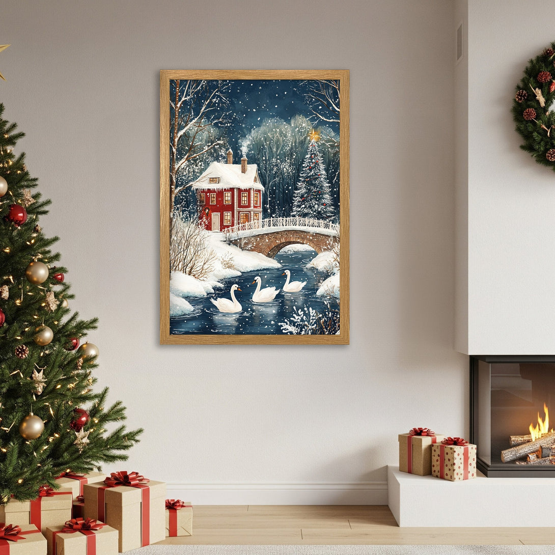 Framed Poster of winter scene with house, swans, and bridge. Watercolor style, cool blue and red palette, perfect for holiday decor.