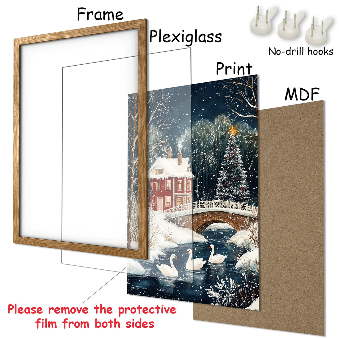 Framed Poster featuring a winter scene with a snowy house, bridge, and swans. Rich blues, whites, and browns create a cozy, festive feel.