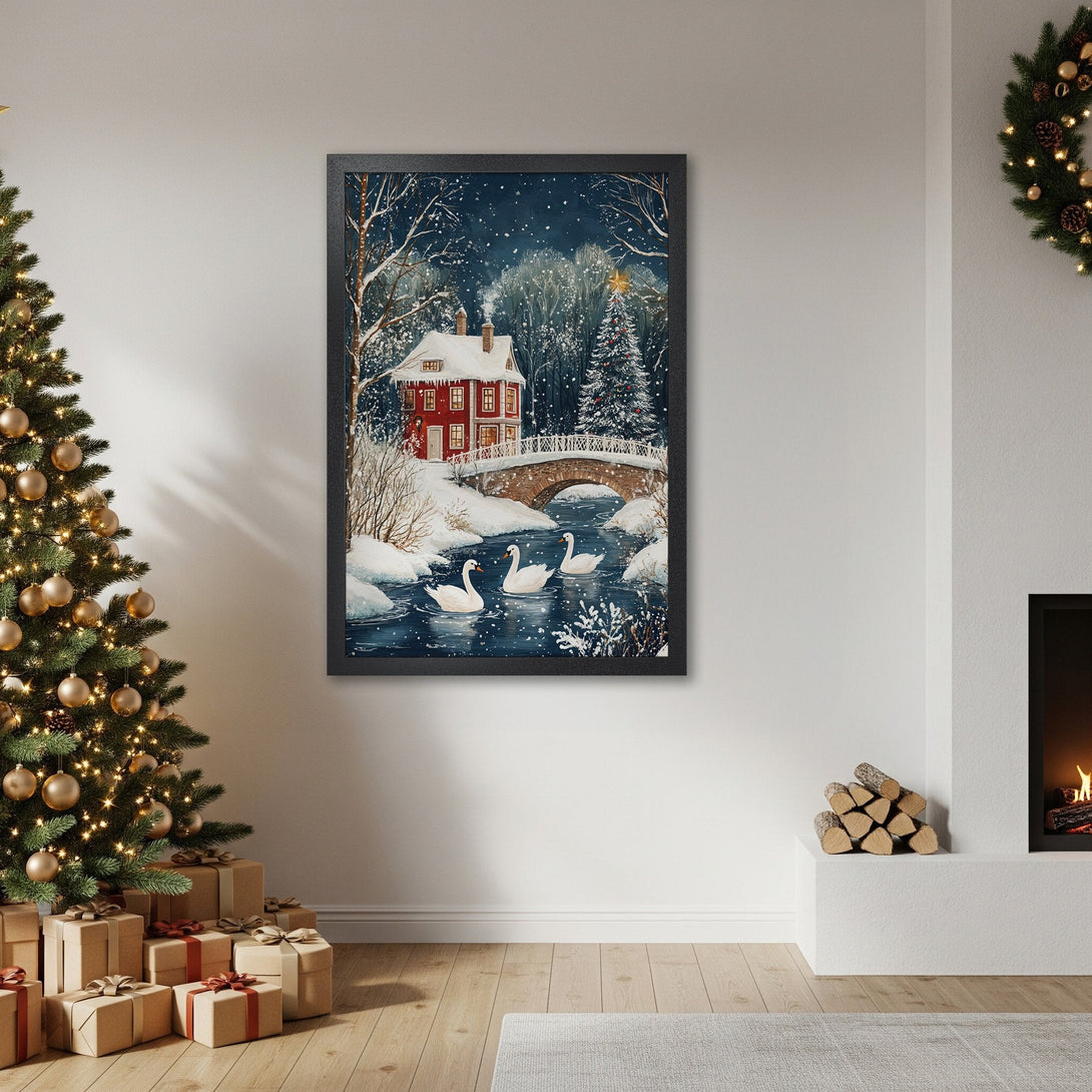 Framed Poster featuring a winter scene with a red house, swans, and a bridge. Cozy, watercolor style with blue, white, and red hues. Perfect holiday decor!