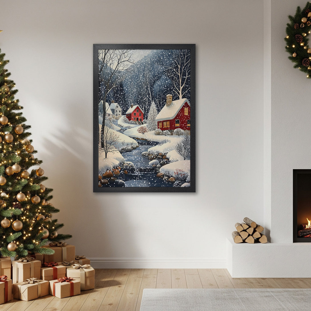 Framed Poster of snowy winter scene with red houses. Watercolor style with blue, white, and red color palette. Perfect winter decor.