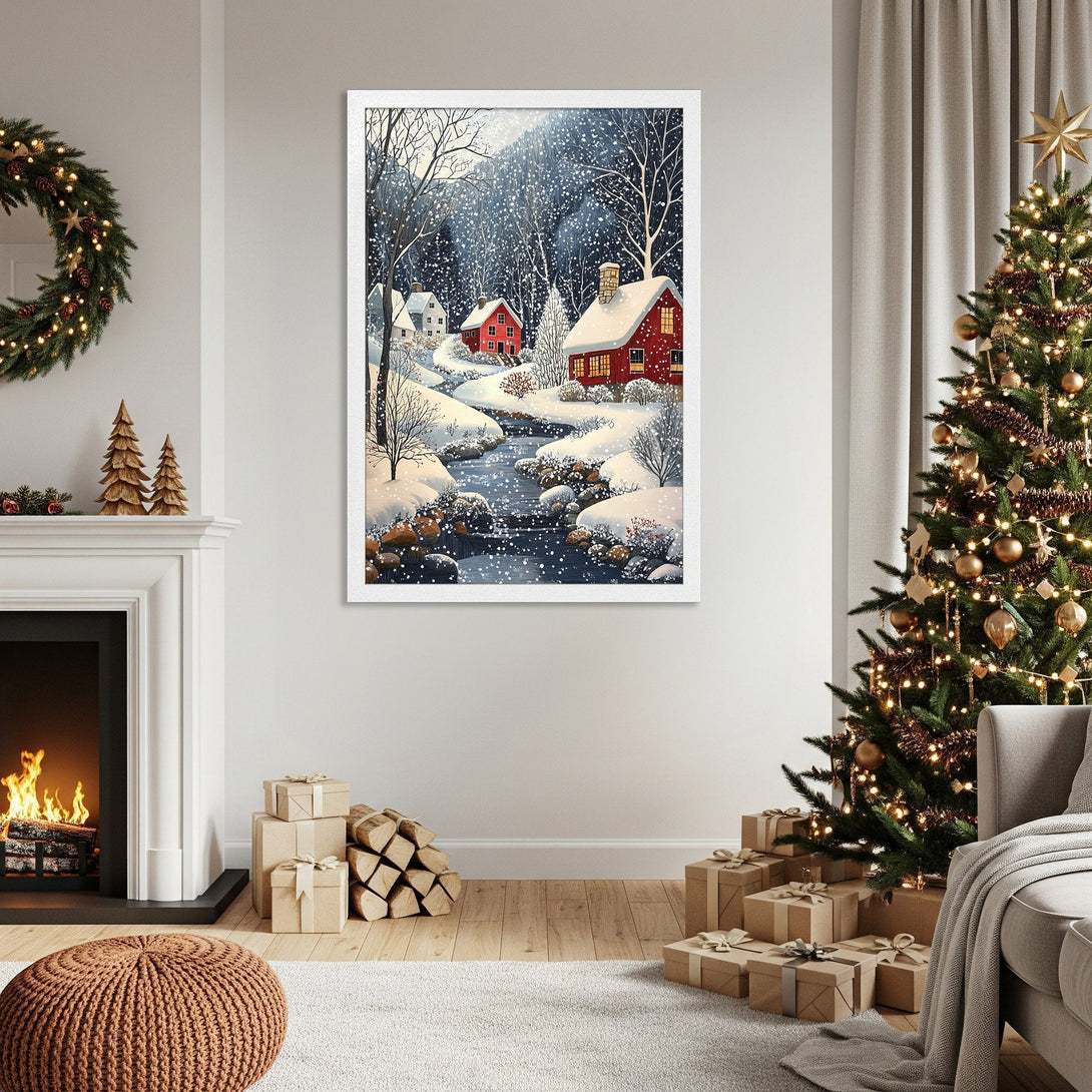 Framed Poster of winter scene with red houses, snowy landscape, and a cozy, warm color palette. Perfect Christmas decor!