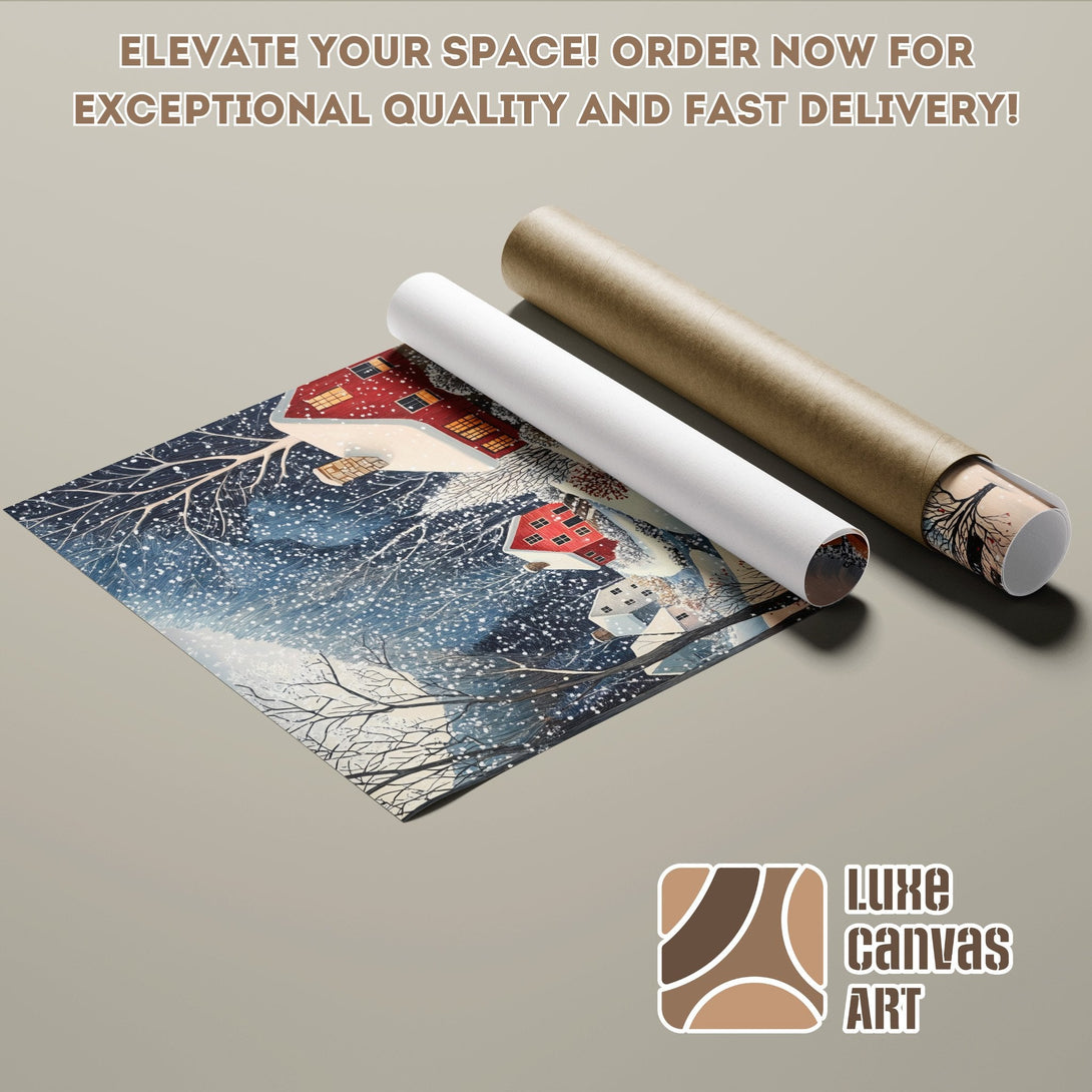 Winter landscape Poster Roll art print, blue and red color palette. Order now!