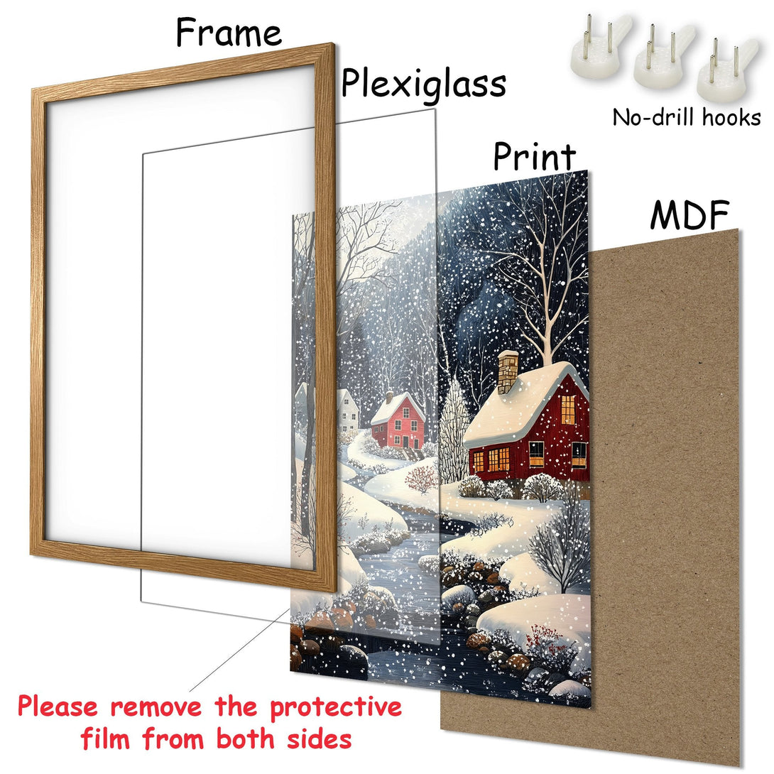 Framed Poster of a winter scene with red houses, snowy landscape, and a muted color palette. Perfect wall art!