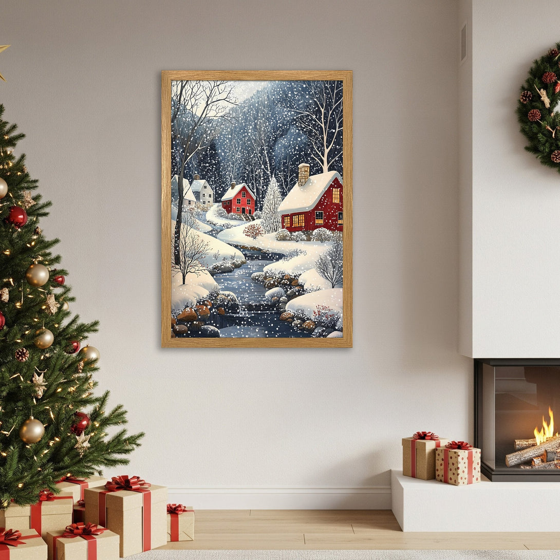 Framed Poster of a winter village scene with red houses, snowy landscape, and a cool color palette. Perfect holiday decor!