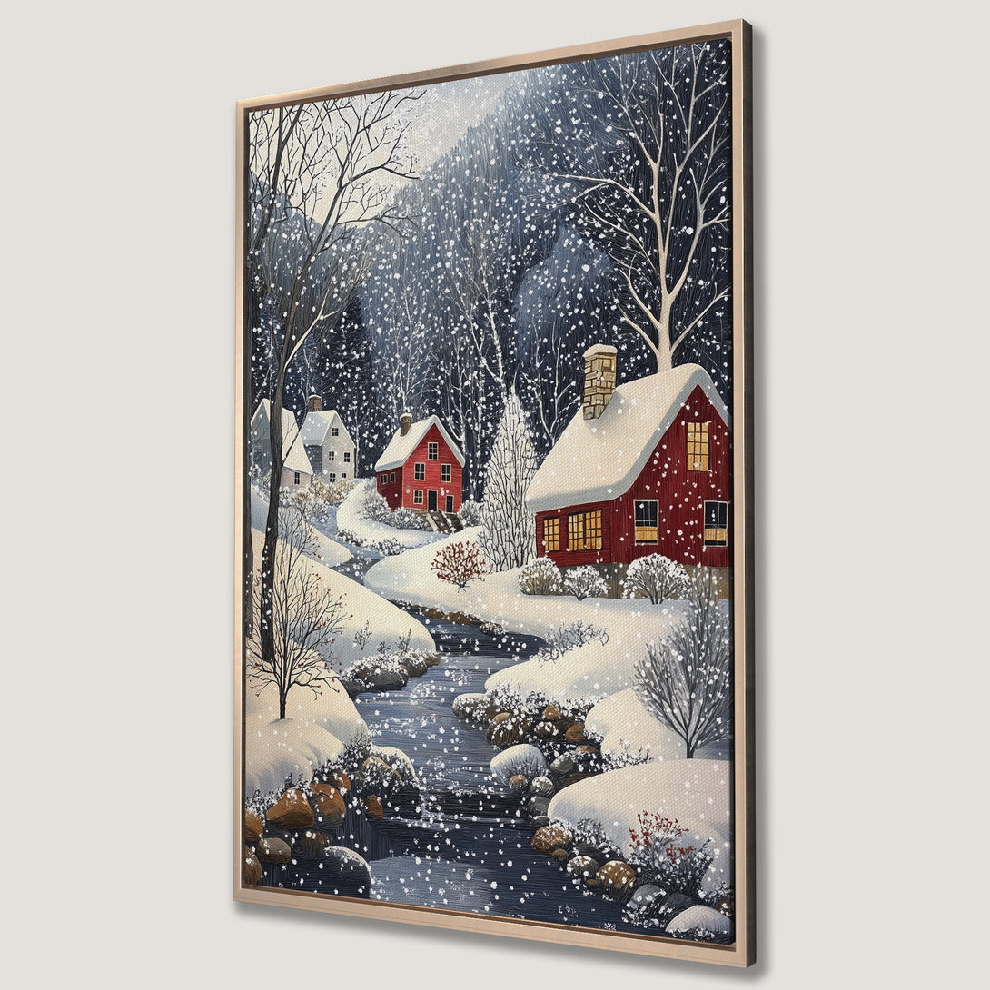 Framed Wall Art: Winter landscape Canvas Print with red houses, snowy river, and trees. Cozy art in a blue, white, and red color palette. Perfect for home decor.