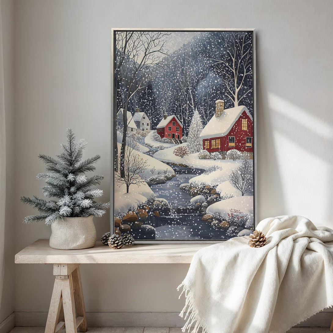 Framed Wall Art: Cozy winter scene Canvas Print featuring red houses in a snowy landscape. Beautiful art in cool, muted tones for a warm, inviting home.