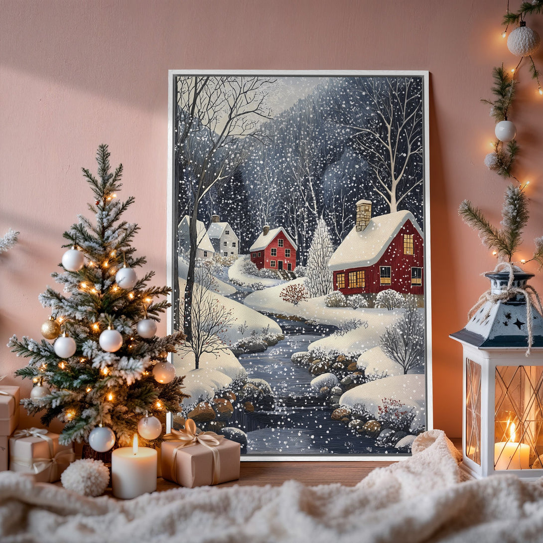 Framed Wall Art: Winter landscape Canvas Print with red houses, snowy scene. Cozy decor in blue, white, and red tones. Perfect for holiday ambiance.