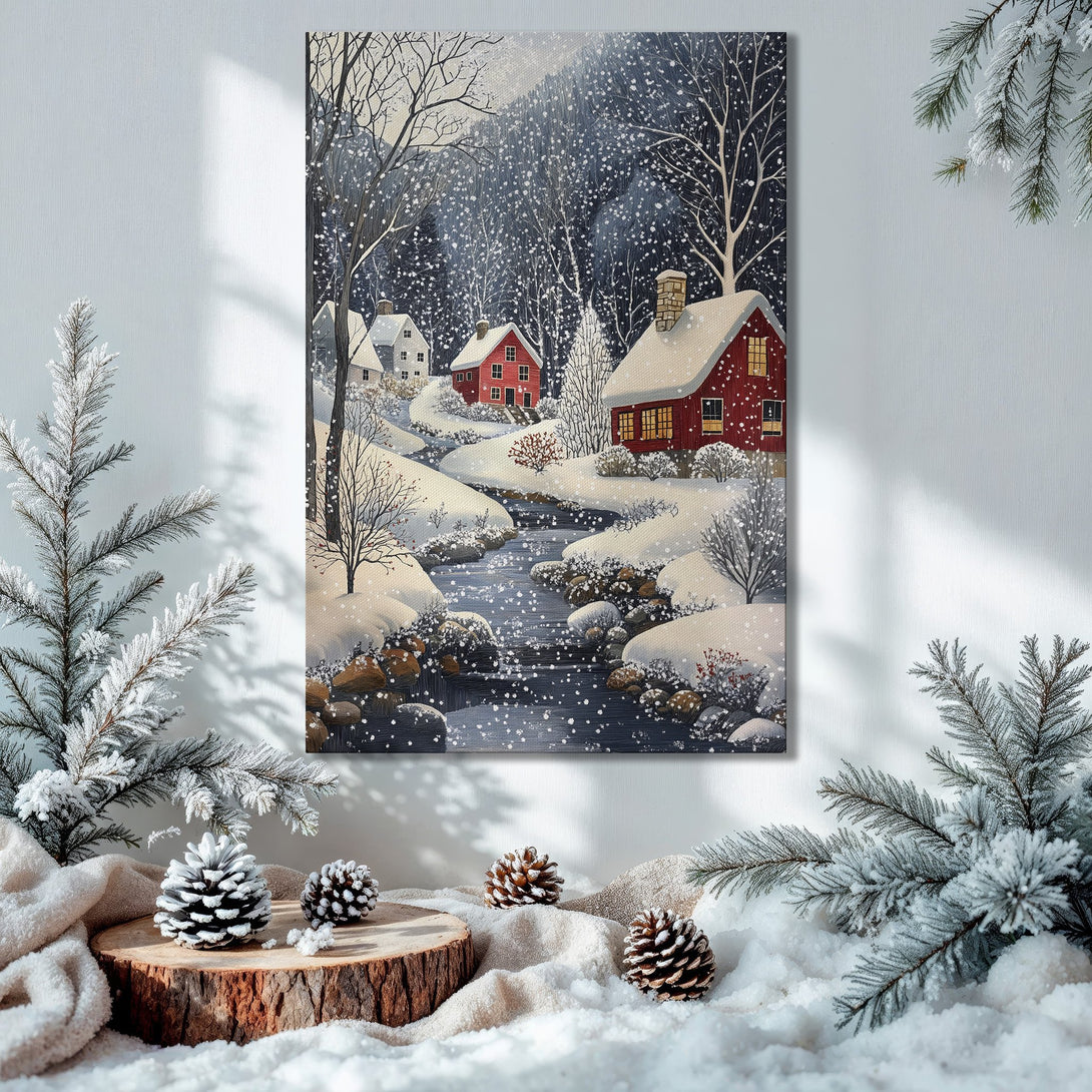 Framed Wall Art Canvas Print of winter landscape with red houses, snowy scene, and gold frame. Cozy, serene, and perfect for holiday decor.
