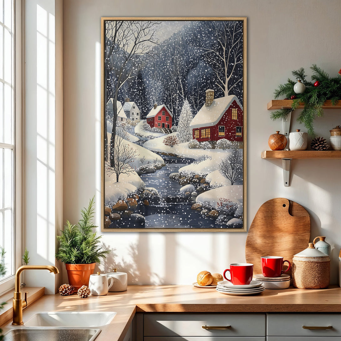 Framed Wall Art: Winter landscape Canvas Print with red houses, snowy scene, and cool color palette. Perfect for cozy home decor.